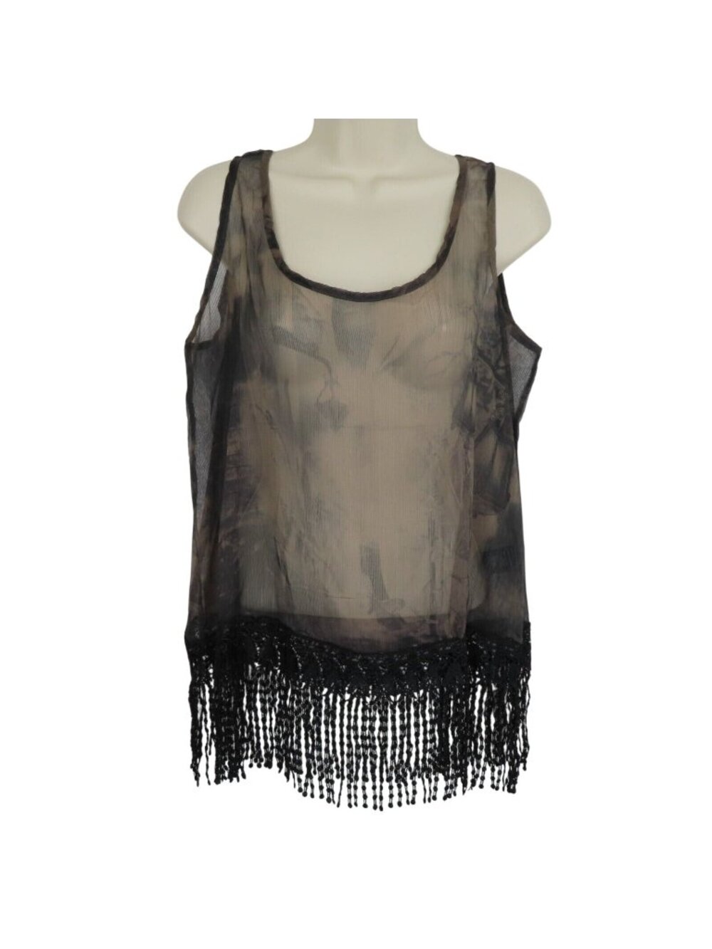 Pretty Angel Womens Small Silk Blend Sheer Tank Top Blouse Scoop Neck Fringe
